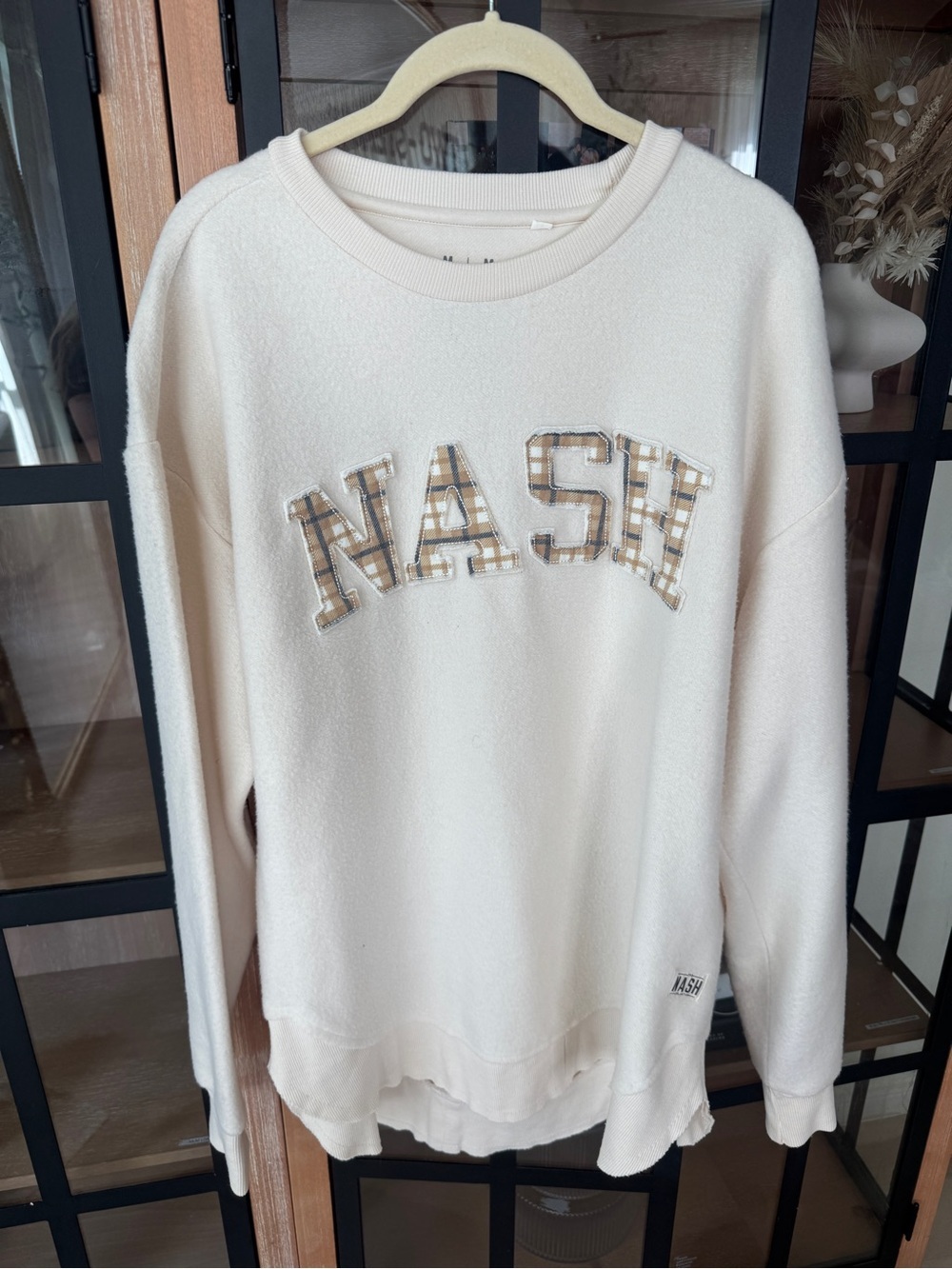 NWOT Nash Collection sweatshirt pullover inside out plaid fleece varsity patch